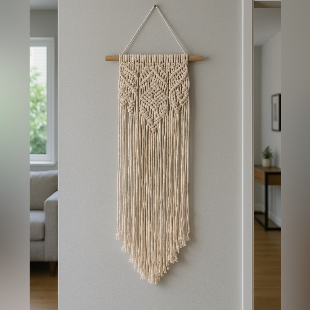 Macramé wall hanging brings outdoors inside and comes with‎ by a macramé runner